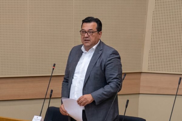 Poslanik Saša Grbić govori za govornicom u Narodnoj skupštini Republike Srpske tokom diskusije o koncesijama.